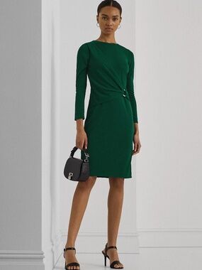 Green Faux Wrap Sheath Dress Long Sleeve Gold Ring Accent Size 8 Lauren Ralph